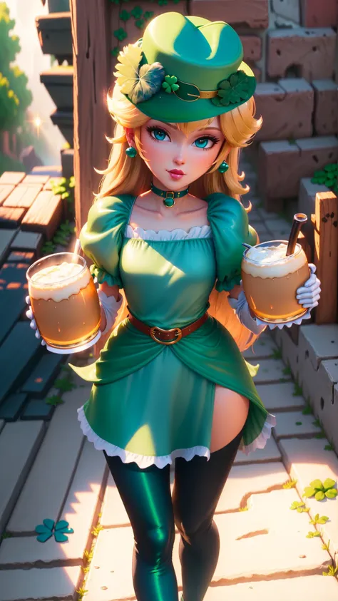 a woman in a green dress holding a beer and a glass