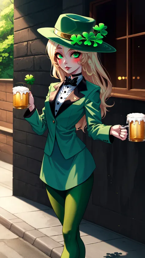 a woman in a green suit and hat holding two beer glasses