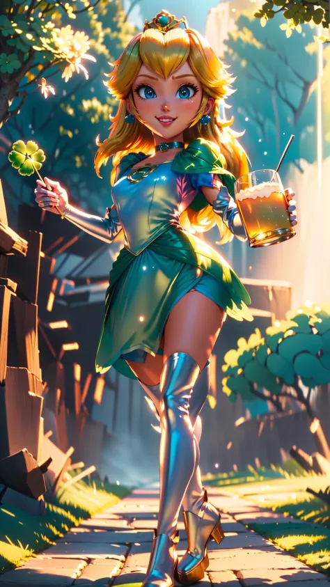 a cartoon girl in a green dress holding a drink