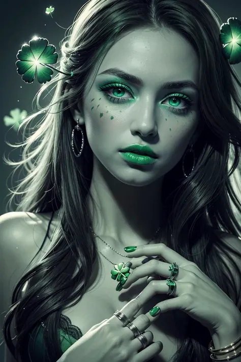 ((masterpiece, best quality)),  <lora:ShamrockWorld-10:0.8>, ShamrockWorld,  clover, four-leaf clover, light particles,  1girl, solo, long hair, looking at viewer, jewelry, green eyes, monochrome, fingernails, makeup, half-ring, lipstick, portrait, eyeshad...