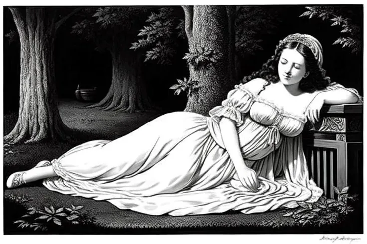 a  black and white illustration of close up of a lustfull woman resting in a garden, covered with a silk fabric, art by gustavedore