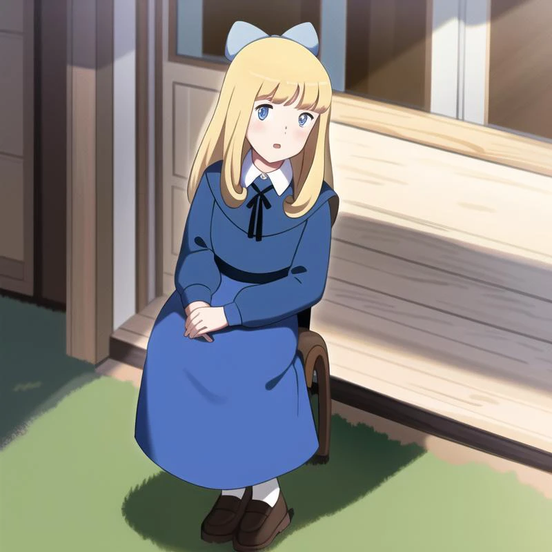 anime image of a girl sitting on a chair in front of a house