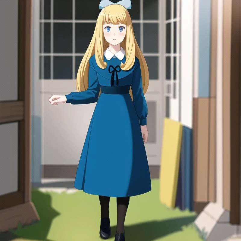 anime girl in blue dress standing in front of a door