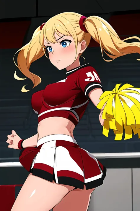 1girl, TMHP woman, blonde, cheer leader uniform, tiffany maye, twin tails, skirt, <lora:TMHP:1.0>, skin-tight red top