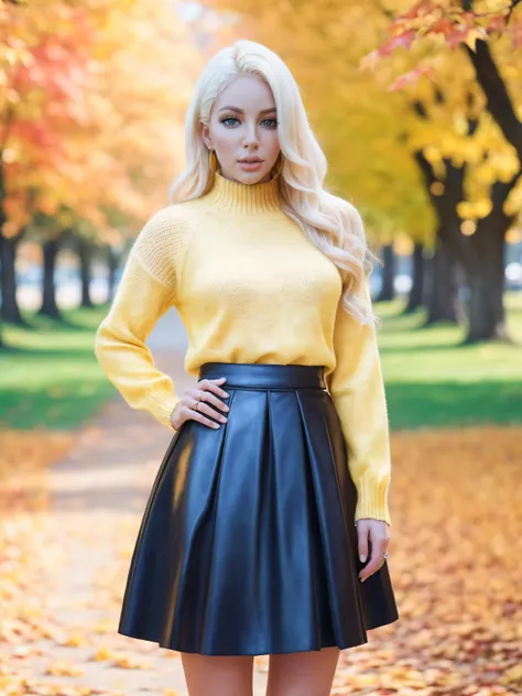 a woman in a yellow sweater and black leather skirt posing for a picture