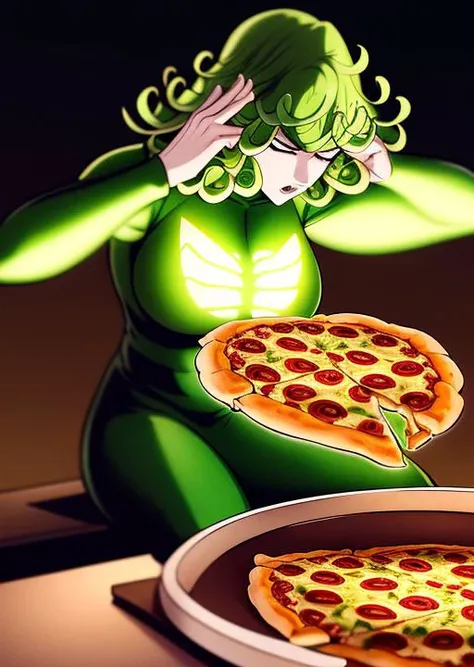 epic, dramatic, high definition, ManLevitatingPizza, <lora:ManLevitatingPizza:0.90>, tatsumaki from one punch man sitting at the table, green magic aura, glowing pizza, masterpiece, best quality, detailed, realistic, photorealistic, octane render, hyperrea...