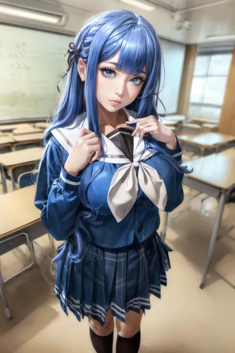 (masterpiece, best quality, ultra detailed, absurdres:1.5), 1girl, (sexy, beautiful woman, perfect face, perfect eyes, perfect female body, medium breasts:1.5), (bangdream, school uniform, serafuku, sailor collar, plaid skirt, pleated skirt, long sleeves, ...