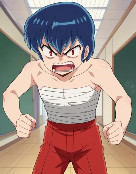 score_9, score_8_up, score_7_up, source_anime,
ryuunosukefujinami, <lora:ryuunosuke-fujinami-ponyxl-lora-nochekaiser:1>,
ryuunosuke fujinami, short hair, blue hair, red eyes, angry, anger vein, shouting, open mouth,
sarashi, chest sarashi, pants, bandage, ...