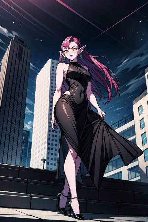 masterpiece, high quality, 
 <lora:cocotte:0.6> purple skin, purple hair, yellow eyes, very long hair, earrings, medium breasts, lipstick, pointy ears, nail polish, 
city, building, night sky, joy, full body, 
sleeveless black dress, looking up, from below...