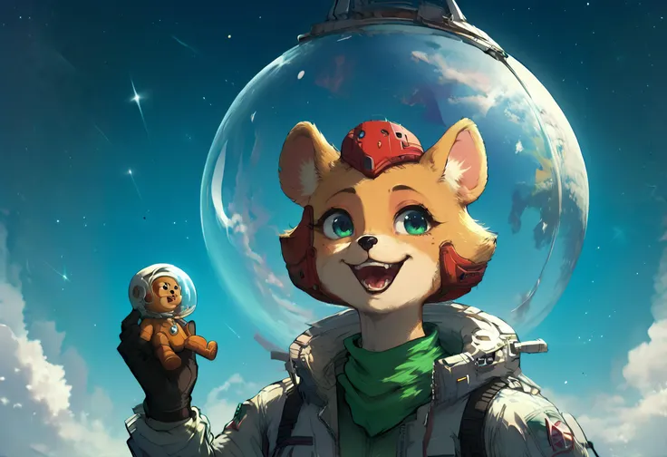 score_9, score_8_up, score_7_up, score_6_up,score_5_up,score_4_up,, 1girl, FARA PHOENIX, FURRY,  cute, spacesuit, helmet on,  big teddy bear, excited, happy, floating away, over giant planet, spaceships, <lora:Fara_Phoenix_Starfox:1> <lora:Space_Operetta_N...