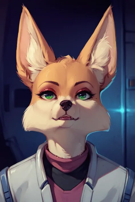 a close up of a fox with green eyes and a pink shirt