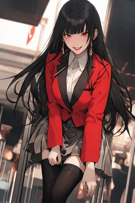 anime girl in red jacket and black skirt with long black hair