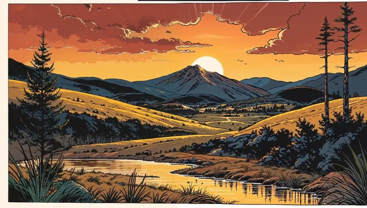 comic book style, beautiful golden hour fantasy landscape