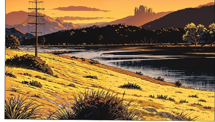 comic book style, beautiful golden hour fantasy landscape