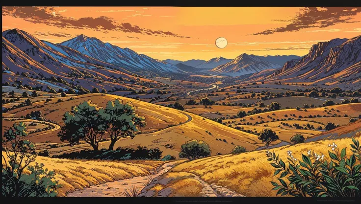 comic book style, beautiful golden hour fantasy landscape