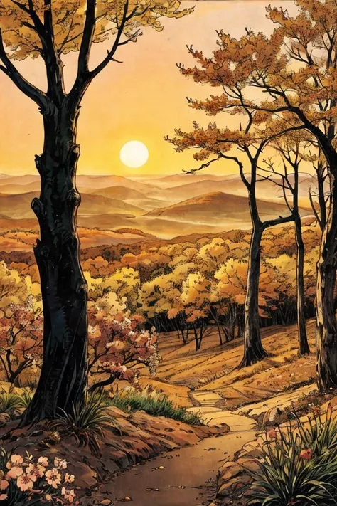 comic book illustration, a surreal cherry blossom tree in a forest, its petals softly illuminated by the golden hues of the setting sun, with an ethereal, almost otherworldly atmosphere