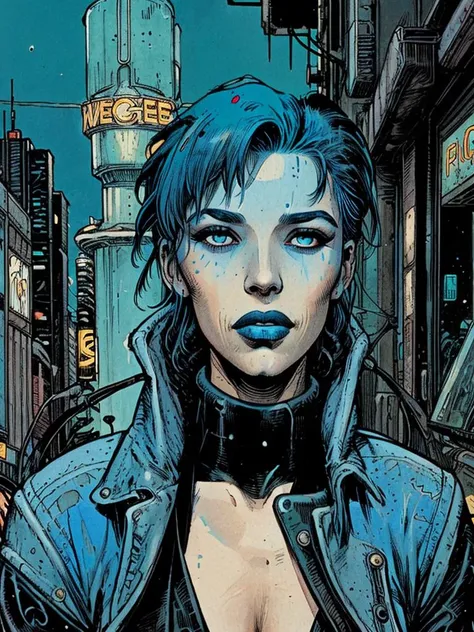 comic book illustration, blue haired woman, in a retrocyberpunk city,  <lora:vor_enki.v3.lora:0.4>, detailed eyes