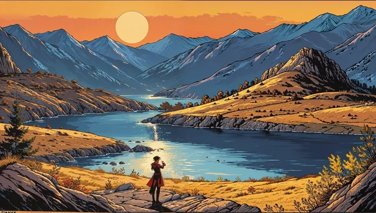 comic book style, beautiful golden hour fantasy landscape