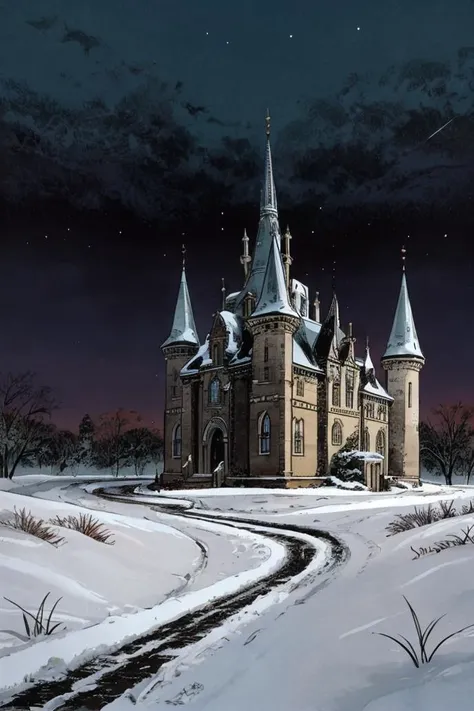 comic book illustration, a snowed in, abandoned castle, with icicles dangling from the turrets,  <lora:add_detail:1>