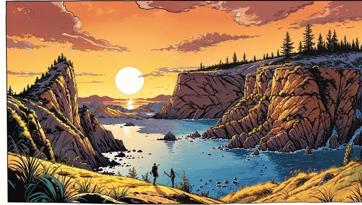 comic book style, beautiful golden hour fantasy landscape