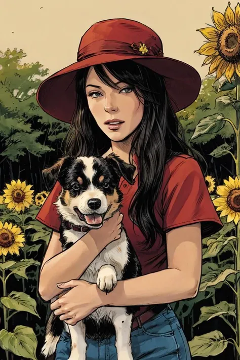 comic book illustration, a woman in a red hat, standing in front of a blooming sunflower forest, with her dog sitting by her side