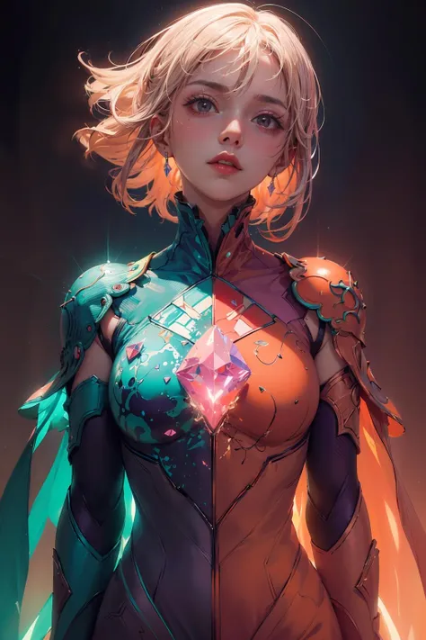 a woman in a futuristic outfit with a glowing cape