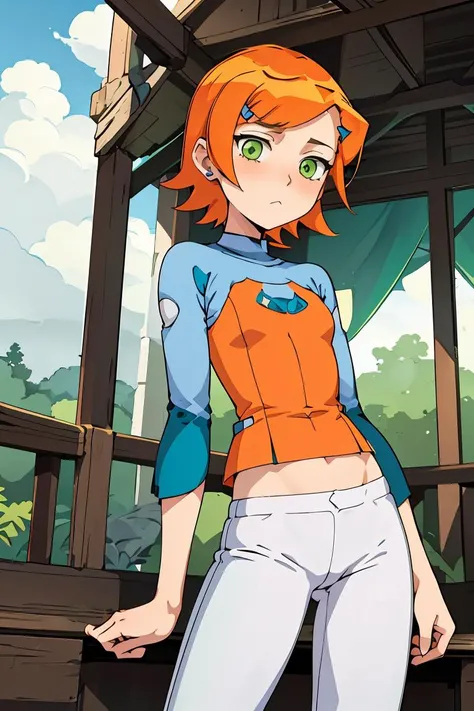 (masterpiece, best quality), 1girl, <lora:claasicgwen:1> claasicgwen,solo,orange hair,short hair,green eyes ,blue shirt,raglan sleeves,long sleeves,white pants