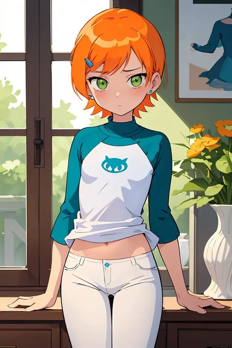 anime girl with orange hair and green eyes standing in front of a window