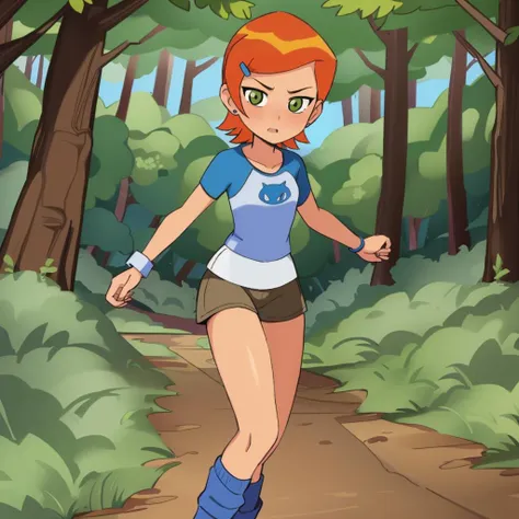 a close up of a cartoon girl walking on a path in the woods