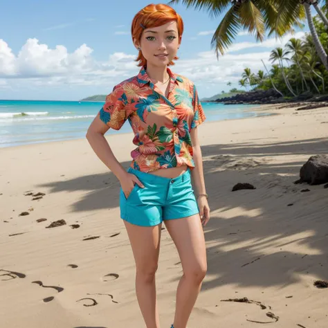 <lora:claasicgwen:1> claasicgwen wearing a colorful Hawaiian shirt and brown cargo shorts standing on a tropical beach