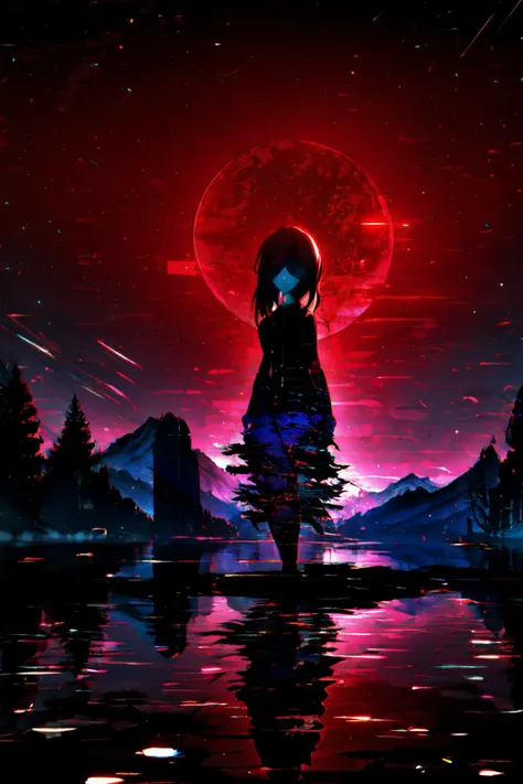 a girl standing in the water with a red moon in the background