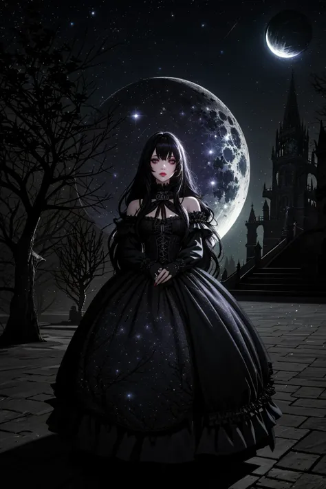 ((Masterpiece, best quality)), edgQuality,night, (dark environment)
GothGal, a woman with long hair and a dress posing for a picture next to a tree, woman wearing a GothGal outfit, dark, night,moon,stars
<lora:edgGothGal_MINI:1> <lora:DarkIncursioStyle:1>