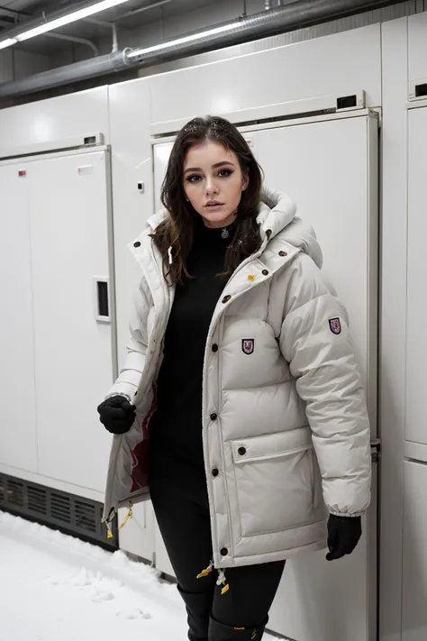 arafed woman in a white jacket and black pants standing in a hallway