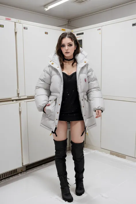 a woman in a black dress and thigh high boots standing in a room