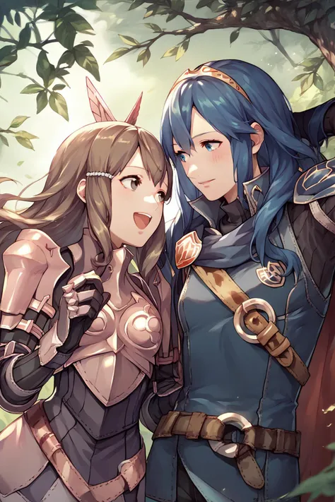 two anime girls with blue hair and horns standing next to each other