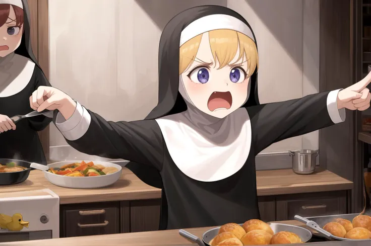 littlenuns, multiple girls, screaming, angry, pointing,  cooking, food, kitchen, ducks, extreme detail, nun, <lora:littlenuns-00...