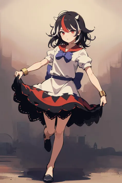 anime girl in a dress and a bow is running in the street