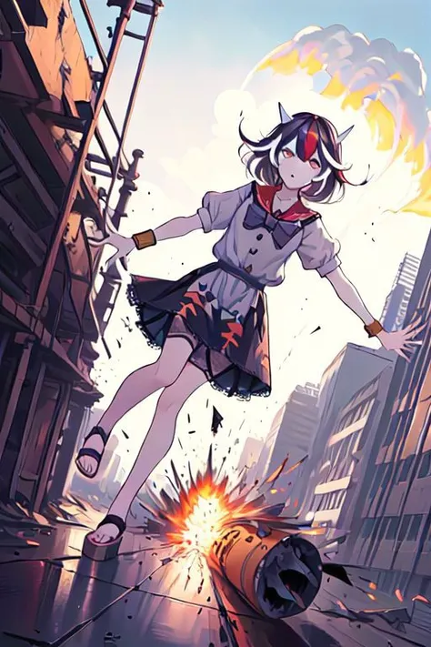 a cartoon image of a girl in a school uniform running through a city