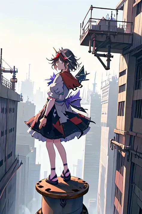 anime girl standing on a ledge in a city with buildings