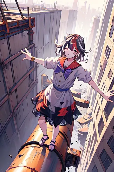 anime girl standing on a pipe in a city