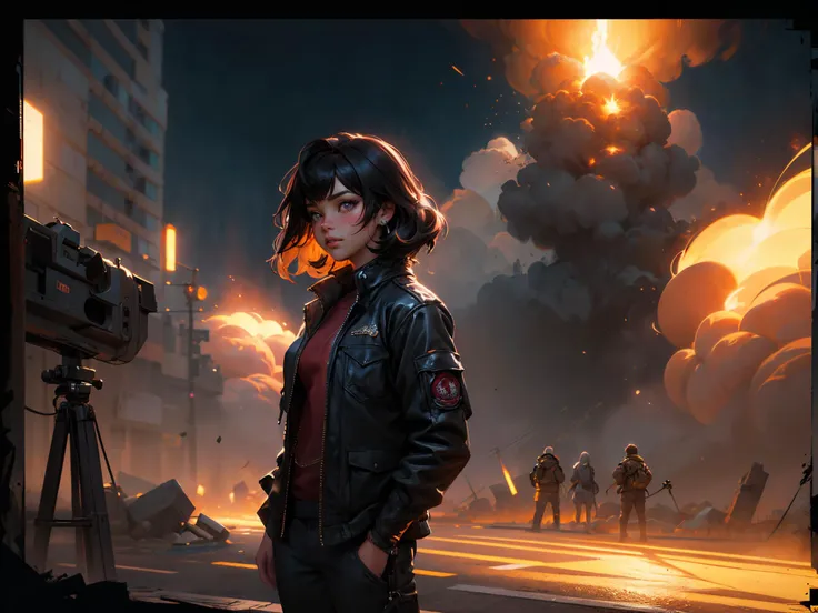 a 2056 warfield, with explosions, night setting. realistic shaded lighting poster by ilya kuvshinov, (trending on art station pinhole photography concept art:1.42), ((masterpiece)), (best quality)), detailed skin texture, (blush:0.5), (goosebumps:0.5), sub...