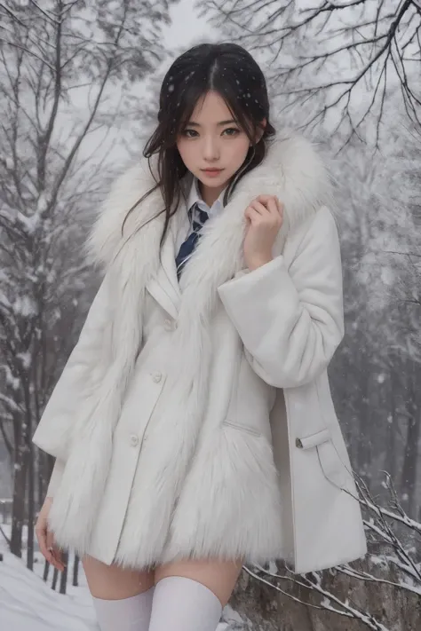 1girl,solo,outdoors,,ruanyi150,white fur coat,coat,school uniform,pleated skirt,white thighhighs,sneakers,, best quality,masterpiece,highres,official art,extremely detailed cg unity 8k wallpaper,upper body, school,snow,snowstorm,blizzard,
<lora:0150 white ...