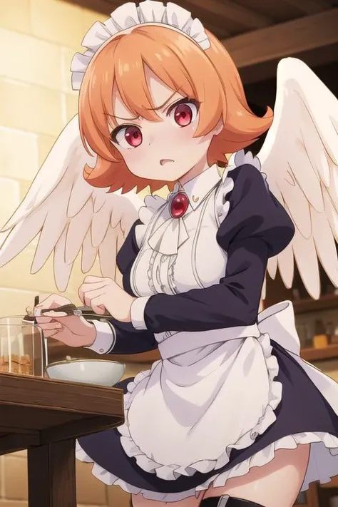 masterpiece,ultra detail,best quality,girl,blush,angry,fist,,fighting stance,meidri, short hair, bangs, (red eyes:1.3), orange hair, flipped hair, <lora:meidri s1-lora-nochekaiser:0.7>long sleeves, dress, jewelry, frills, wings, puffy sleeves, apron, maid,...