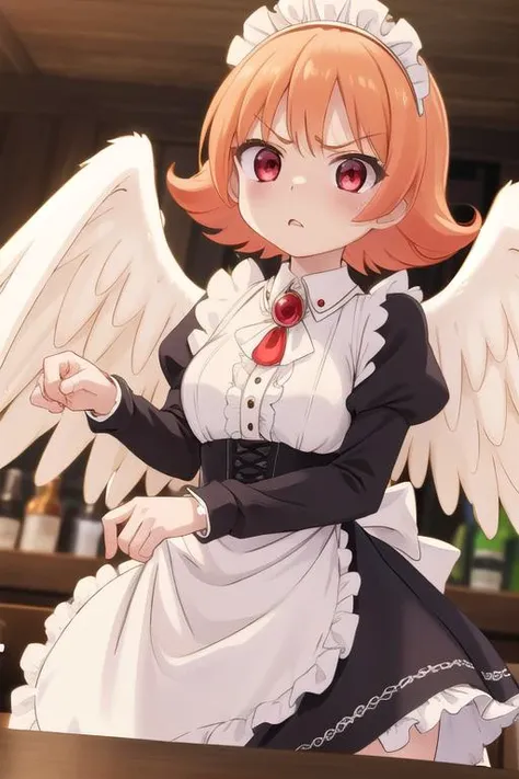 masterpiece,ultra detail,best quality,girl,blush,angry,fist,meidri, short hair, bangs, (red eyes:1.3), orange hair, flipped hair, <lora:meidri s1-lora-nochekaiser:0.7>long sleeves, dress, jewelry, frills, wings, puffy sleeves, apron, maid, maid headdress, ...