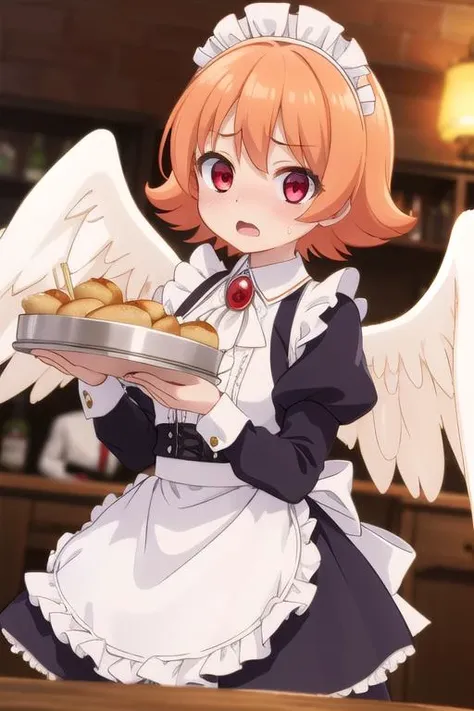 masterpiece,ultra detail,best quality,girl,blush,shy,open mouth,meidri, short hair, bangs, (red eyes:1.3), orange hair, flipped hair, <lora:meidri s1-lora-nochekaiser:0.7>long sleeves, dress, jewelry, frills, wings, puffy sleeves, apron, maid, maid headdre...