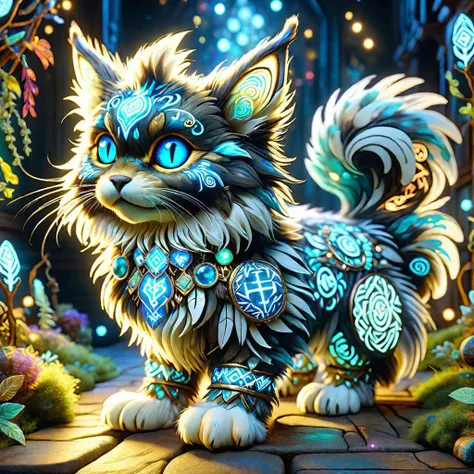 hyper detailed masterpiece,DonMMy51ic4lXL, large swift phosphorescent organic maincoon baby, quadrupedal, furry appendages, short-tailed, feathers,  rounded ears, side view, runes <lora:DonMMy51ic4lXL-v1.1-000006:0.8>