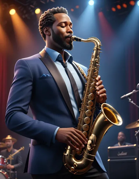 A jazz musician playing a saxophone on a smoky club stage., (shiny intricate 3D graphics octane render highly detailed 8k HDR UHD high quality professional unreal engine PS5  cinematic vray  :1.3)