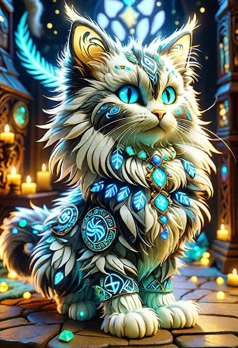 hyper detailed masterpiece,DonMMy51ic4lXL, large swift phosphorescent organic maincoon kitten, quadrupedal, furry appendages, short-tailed, feathers,  rounded ears, side view, runes <lora:DonMMy51ic4lXL-v1.1-000006:0.8>