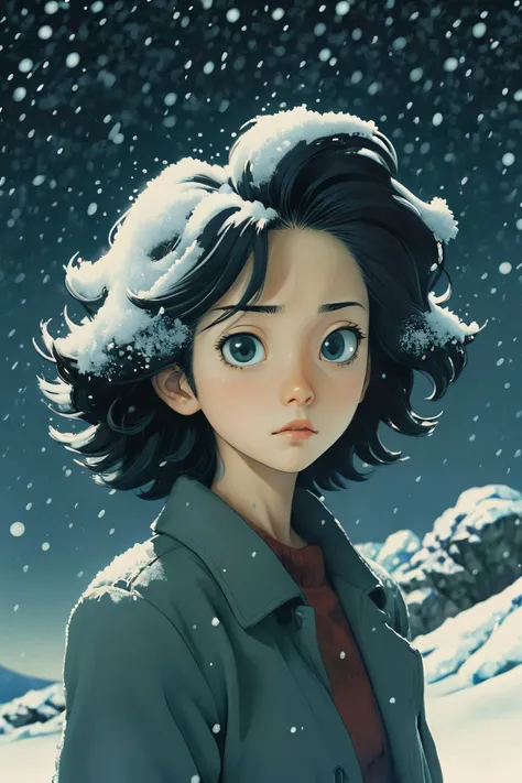 (art by Naoki Urasawa:0.9) , Renderman, Conscious caviar, background is [Elvandar|Table Mountain], Snowing, Movie still, Hyperpop, hair light, Calotype