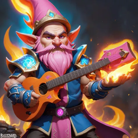 concept art World of warcraft mage with flame guitar, FOR THE ALLIANCE! Gnome male, pink beard, by Blizzard Entertainment . digital artwork, illustrative, painterly, matte painting, highly detailed